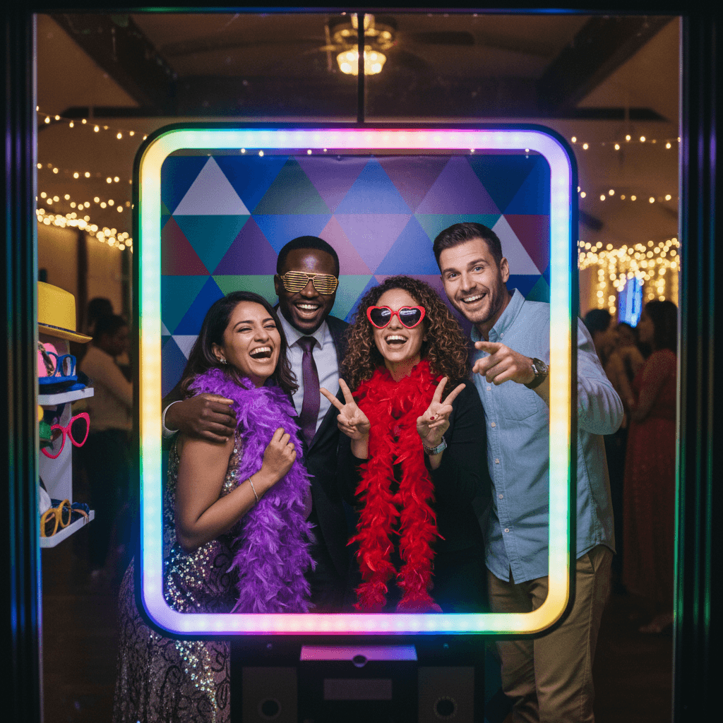 Guests enjoying 360 photo booth at wedding celebration