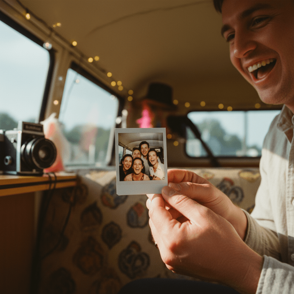 High-quality printed photos from 360 photo booth displayed on table