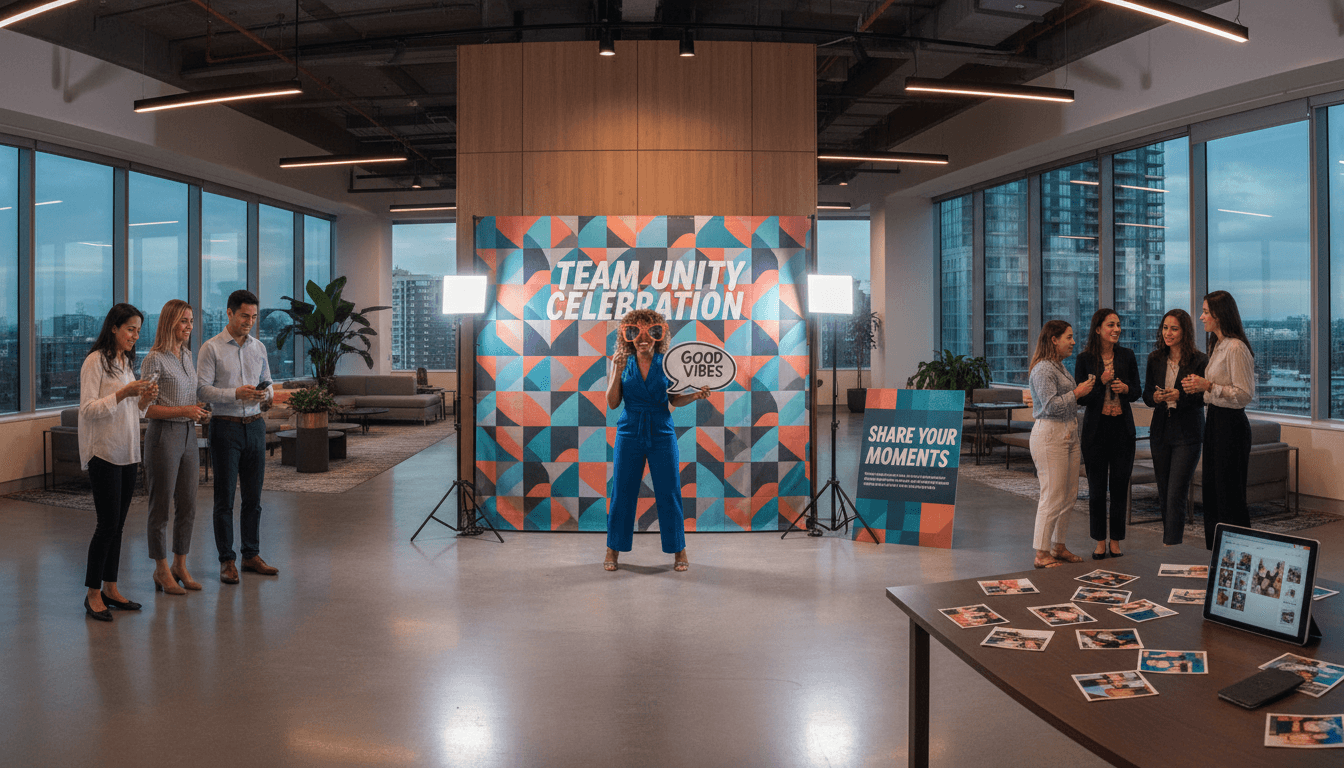 Corporate team members using iPad photo station at company event